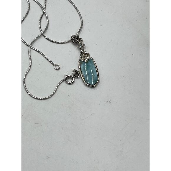 Larimar CZ Pendant Necklace Intricate Sterling Silver Setting and Chain - Picture 4 of 10
